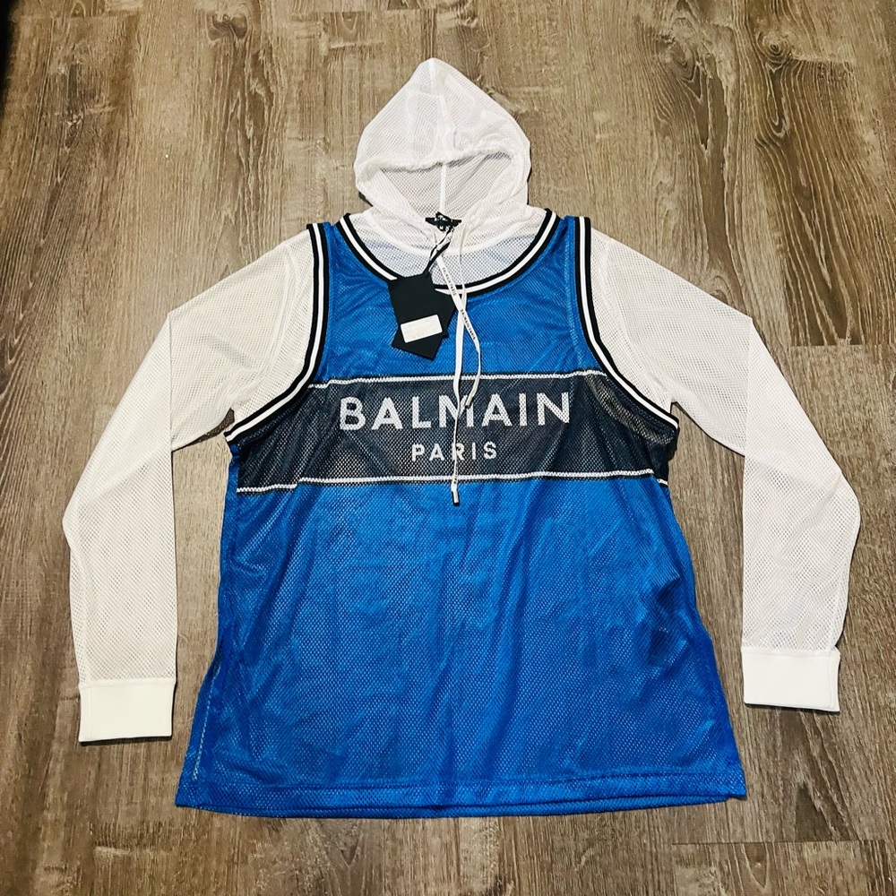 BALMAIN***Long Sleeve Hooded Jersey Men’s Shirt***Med. $789